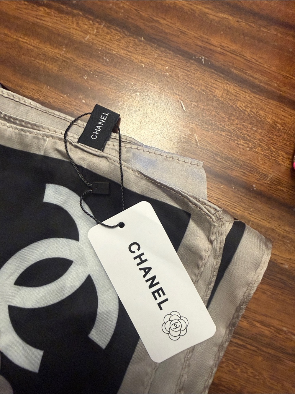 CHANEL Black and Beige Camellia Logo Silk Scarf - Picture 2 of 3